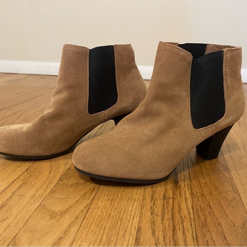 Liud Tan Camel Chunky Heel Suede Boots Women’s Size 10 - Picture 2 of 4